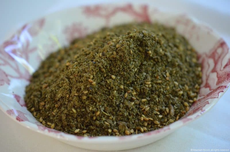 Za'atar spice in a pink and white bowl