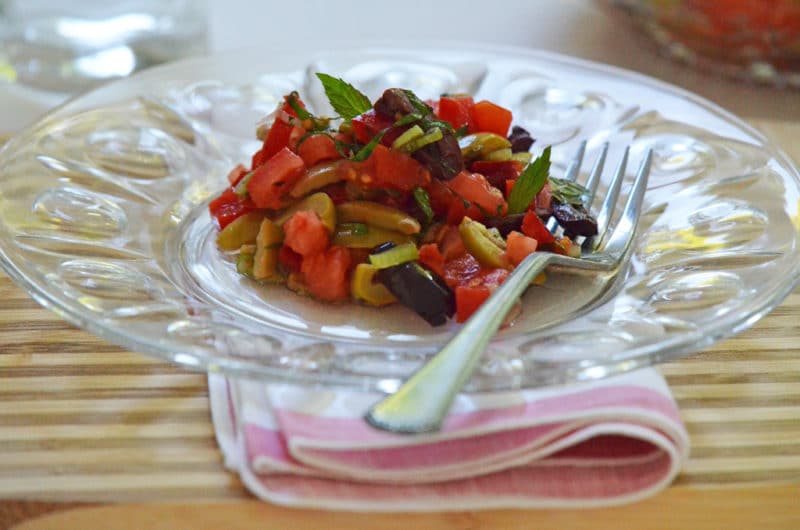 Olive salad glass and pink POST