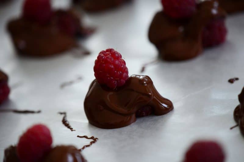 Chocolate covered raspberry on a sheet pan, Maureen Abood.com