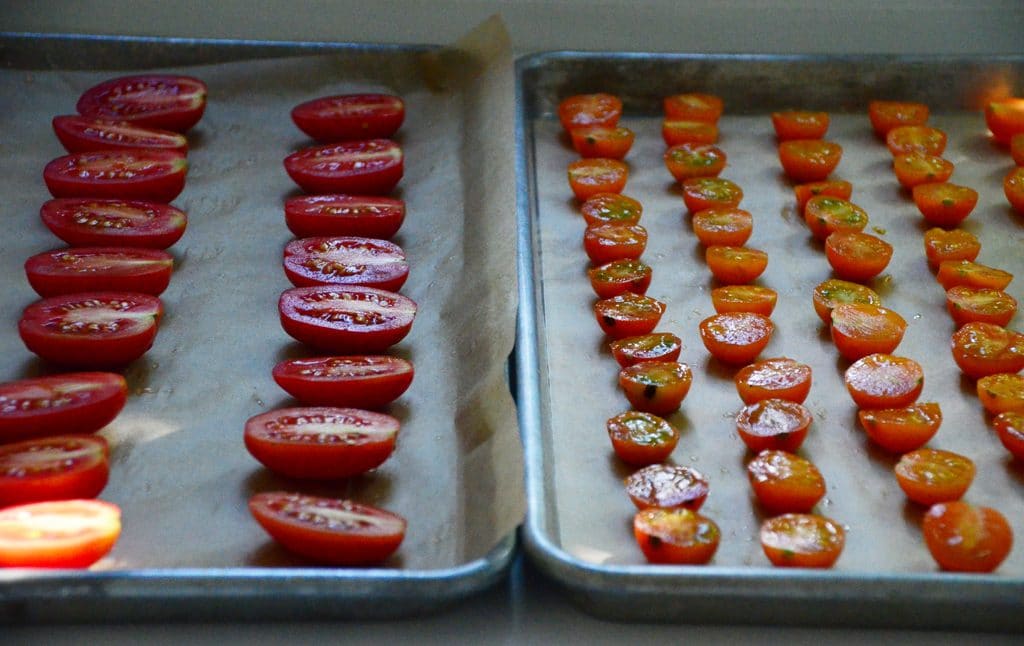Tomatoes sliced in half on a sheet pan lined with parchment, for roasting, Maureen Abood