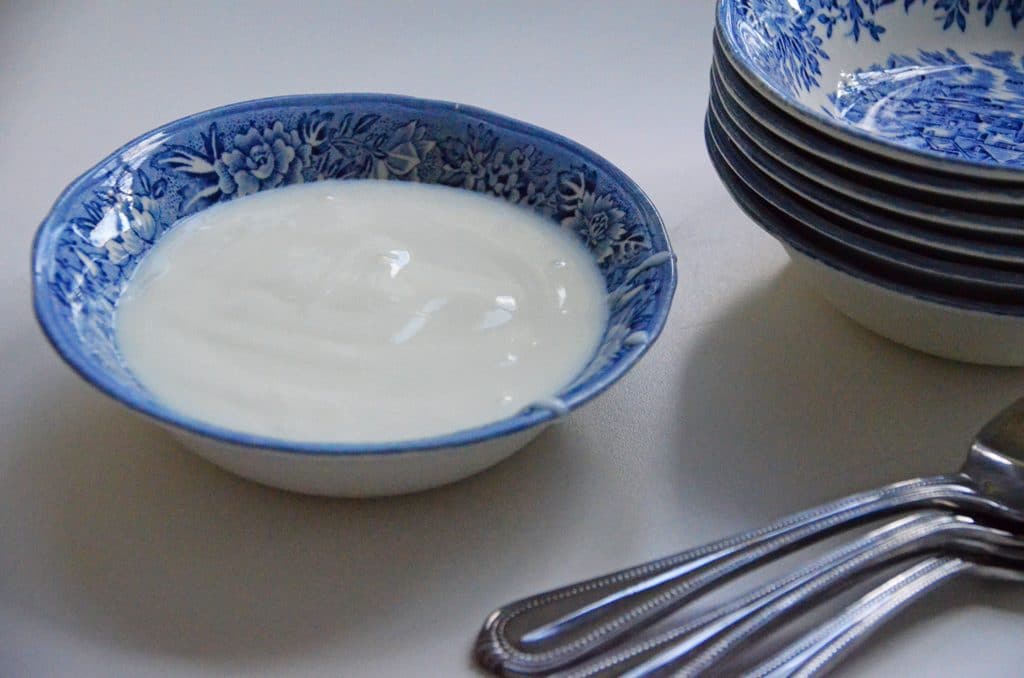 Yogurt starter in a blue bowl