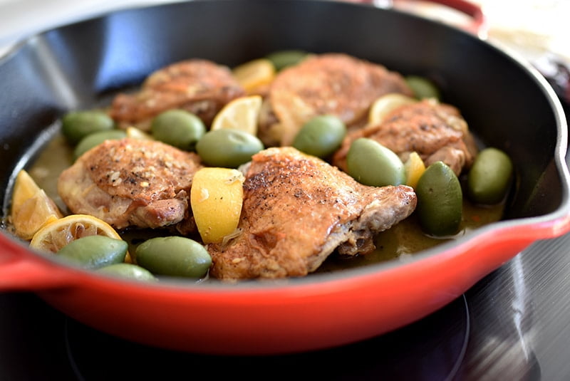 Braised chicken with lemon and olives