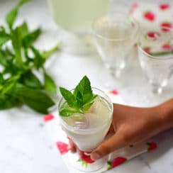 Fresh mint lemonade with mint sprigs and little hand, Maureen Abood.com