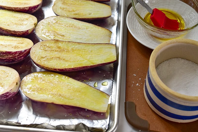 Eggplant halves brushed with olive oil and salt, Maureen Abood