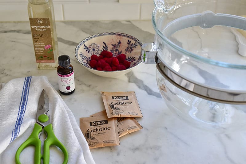 Ingredients on the counter for Raspberry Rose Marshmallows, Maureen Abood