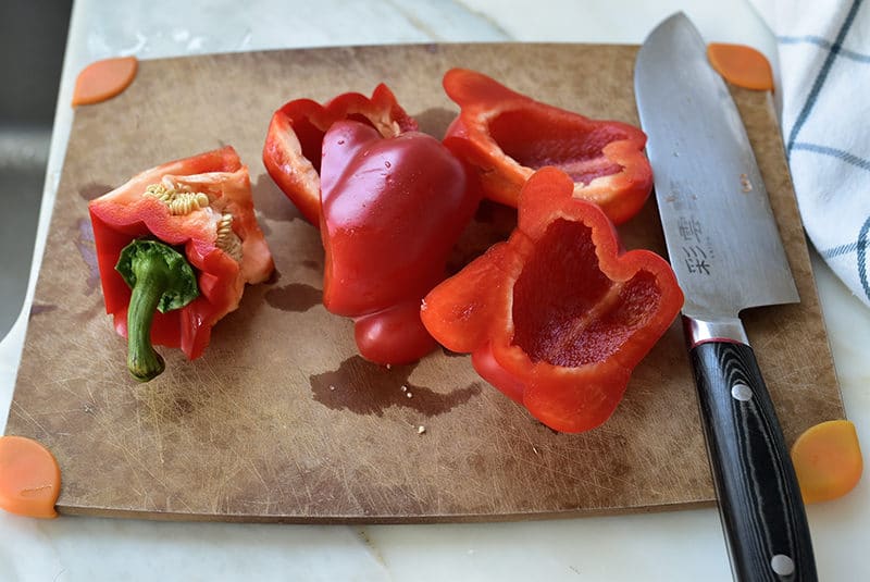 Sliced red pepper on a board
