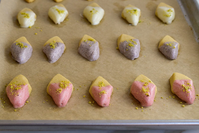 Shortbread cookies dipped in pastel white chocolate