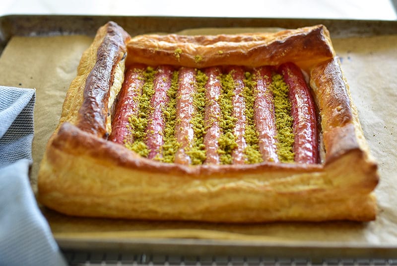 Rhubarb pistachio tart with glossy top