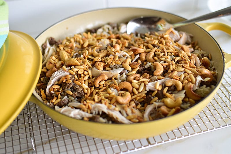 Mixed Nut Rice Pilaf in a yellow baking dish