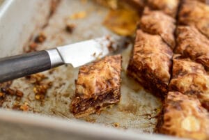 Chocolate baklava cut in a pan