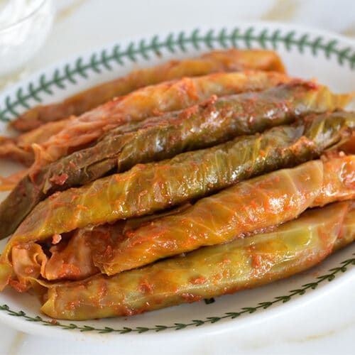 Cabbage rolls with tomato on a platter