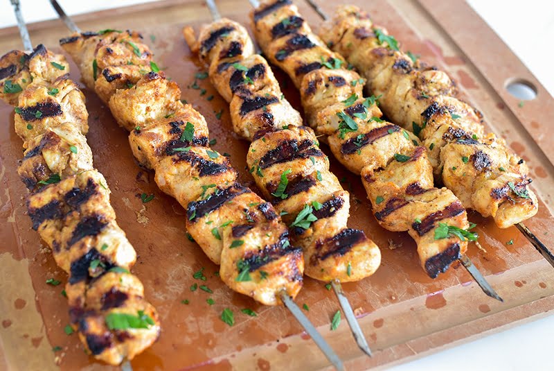 Grilled Shish Tawook on a board