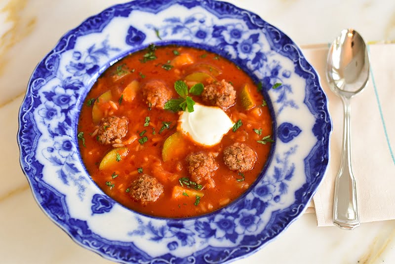 Lebanese Koosa Soup with meatballs