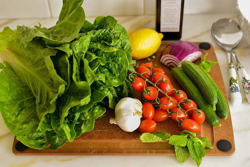 Ingredients for Lebanese Salad on a board